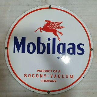 Mobil Gas Socony Vacuum 29 Inches Round Vintage Enamel Sign