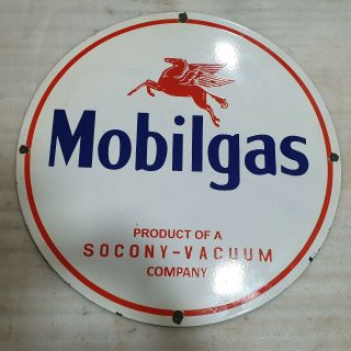 MOBIL GAS SOCONY VACUUM 29 INCHES ROUND VINTAGE ENAMEL SIGN 2