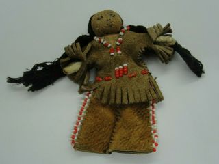 Sm Vintage Suede Leather Hide Buckskin Native American Indian Doll Beaded 3 "