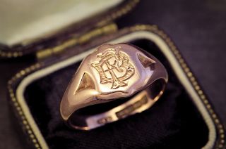 Antique English Art Deco 9k Rose Gold Signet Ring Initials Fb / Bf C1926