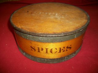 Vintage Round Wood Spice Box Set With 8 Containers Inside