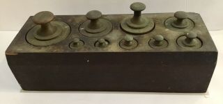 Antique Set Of (9) Brass Grams Scale Weight Set 100g - 1g In Wooden Box