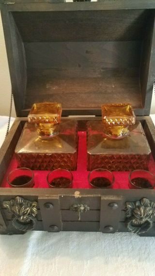 Vintage Mid Century Liquor Decanter Set.  Amber Etched Glass.  Wood Box 2