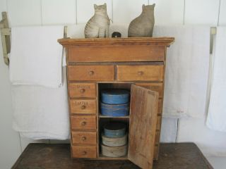 Old Primitive Unusual Wood Spice Cabinet 12 Drawers Door Secret Compartment Aafa