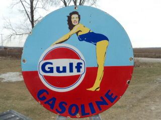 Old Vintage 1953 Gulf Gasoline Porcelain Enamel Gas Pump Advertising Sign