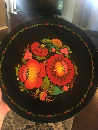 Vintage Russian Folk Art Wooden Plate Tapejika Hand Painted Floral W Tag 11 3/4 "