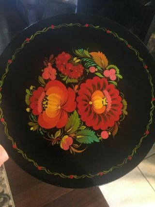 VINTAGE RUSSIAN FOLK ART WOODEN PLATE TAPEJIKA HAND PAINTED FLORAL W TAG 11 3/4 