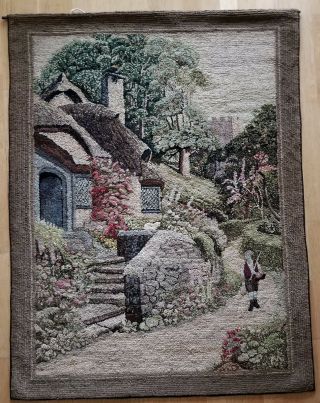 C.  1920s Antique Vtg Folk Art Hooked Rug Cottage Trees - So Detailed 39x51