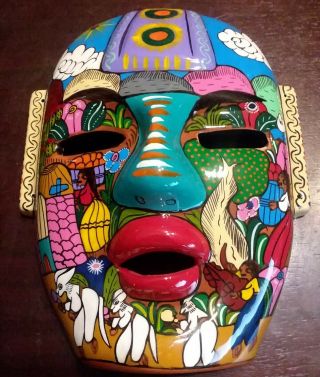 Mexican Folk Arts Crafts Hand Painted Clay Pottery Face Mask Wall Home Decor