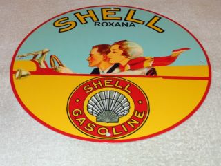 Vintage Shell Roxana Gasoline,  Convertible Car 11 3/4 " Porcelain Metal Oil Sign