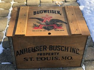 Vintage Anheuser Busch Budweiser Beer Wood Box Crate Case W/ Lid Wooden