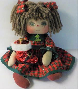 Hm Primitive Raggedy Ann Christmas Doll " Sharon " W/ Holiday Santa Boot Ornie