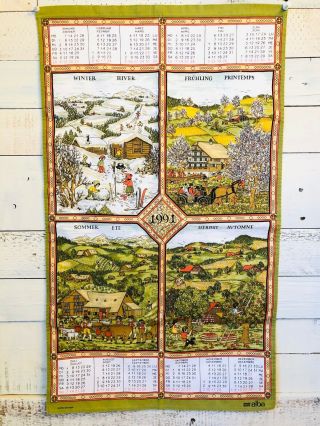 Vintage 1991 Bi - Lingual Calendar Cotton Tea Towel Made In Switzerland By Alba
