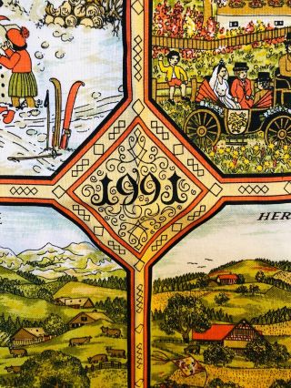 Vintage 1991 Bi - Lingual Calendar Cotton Tea Towel Made In Switzerland By Alba 2
