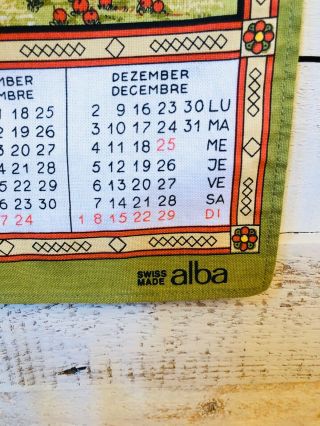Vintage 1991 Bi - Lingual Calendar Cotton Tea Towel Made In Switzerland By Alba 3
