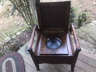Antique Oak Commode Chamber Pot Chair Potty Toilet Box Wood Seat With Rales.