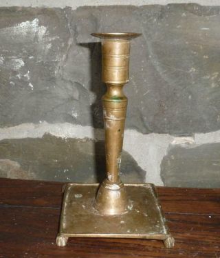 Antique 18th Century Unusual Form Footed Brass Bronze Candlestick Early Lighting