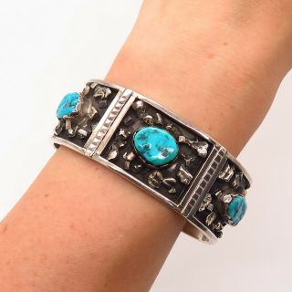 Old Pawn Vintage 925 Sterling Silver Sleeping Beauty Turquoise Gem Cuff Bracelet
