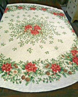 Round Red Floral Poinsettia Linen Table Cloth Table Cover Christmas Holiday