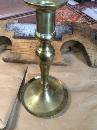 18th Century 1770 - 1780 Dish Shaped Brass Candle Holder 7 Inches Tall.