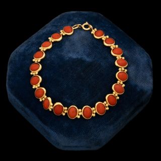 Antique Vintage Deco Retro 18k Gold Etruscan Mediterranean Red Coral Bracelet