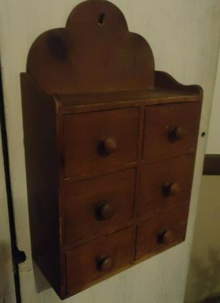 Antique 6 - Drawer Hanging Wooden Spice Cabinet Old Primitive Apothecary Cabinet