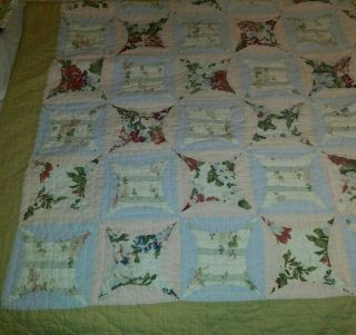 Vintage Handmade Floral Quilt,  Full Size,  82 " X 82 ",  Green,  Blue,  Pink,  Cream