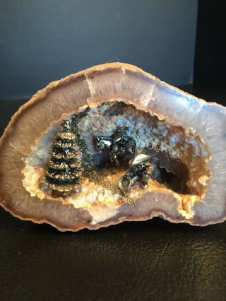B59) Cathedral Geode With Gold Panning Miner,  Mule & Tree