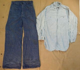 Wwii U.  S.  Navy,  Sailor’s Blue Chambray Work Shirt & Wwii Usn Dungarees,  Named