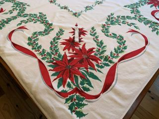 Vintage Lg 1950 Christmas Holiday Cotton Tablecloth Red Poinsettias Candles