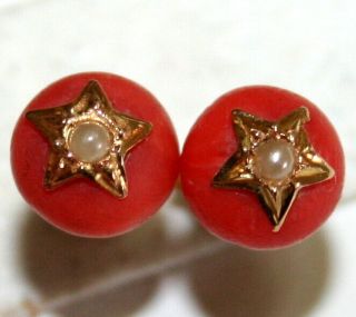 Antique Victoria French 18k Gold 9mm Salmon Coral Pearl Star Stud Earrings C1880