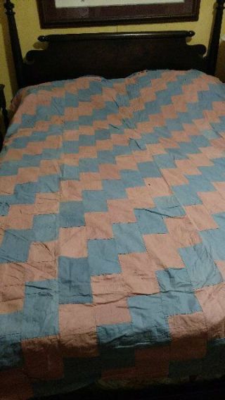 Vintage Handmade Blue - Pink Diagonal Patchwork Quilt Top 65x72