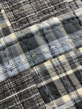 Vintage Hand Crafted & Quilted Blue Madras Plaid Patchwork Quilt & 2 Shams 90x89