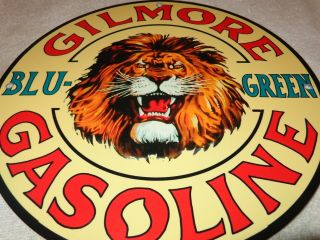 Vintage Gilmore Blu Green Gas,  Lion 11 3/4 " Porcelain Metal Gasoline & Oil Sign