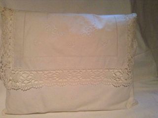 Vintage European White On White Cotton Lace Pillow Cover Shamrock Design Chic