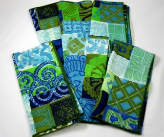 Mid Century Modern Set Of 6 Vintage 1960s Cloth Napkins Blue And Green