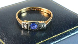 Vintage Art Deco 9 Ct Gold & Palladium Sapphire & Diamond 3 - Stone Ring Size O 2g