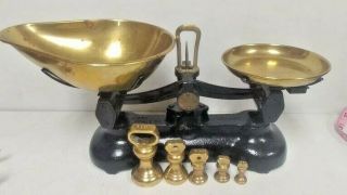 Vintage England Librasco Libra Scale Co Scale W/ (5) Brass Weights & (2) Pans