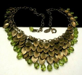 Rare Vintage 16 " X/2 " Signed Miriam Haskell Green Glass Dangle Bib Necklace A51
