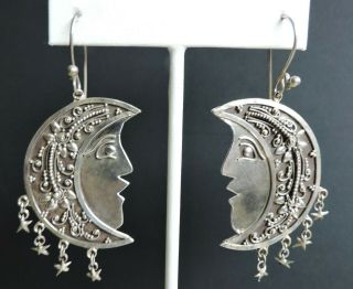 Vintage Tabra Style 925 Sterling Silver Celestial Moon & Stars Earrings