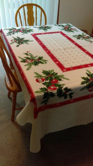 Vintage Christmas Holiday Table Cloth Holly Berry Bulbs Mistletoe 59 " X 82 "