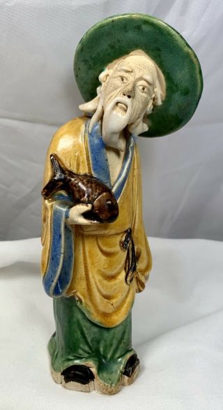 Vintage Chinese Old Man Mudman Fish Statue Figure Pottery Oriental Figurine Fig