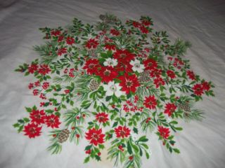 Vintage Round Christmas Tablecloth 75 " Across Poinsettias Pine Sprigs Holly