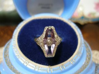 Antique 14k White Gold Filigree Amethyst Diamond Ring Art Deco 1920 