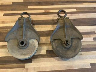 Myers Antique Wooden Pulleys With Cast Iron Housing