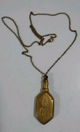 Vintage Solid Brass Art Deco Etched Perfume Bottle Vial Pendant Necklace / Chain