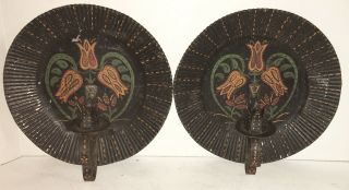 A Rare 19th C Round Tin Candle Sconces In Old Black Paint