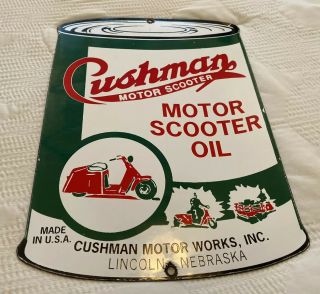 Vintage Cushman Scooter Porcelain Motor Oil Can Sign,  Gas Station,  Pump Plate
