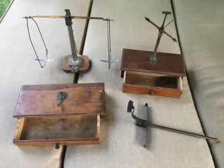 4 Small Antique Vintage Gold And Jewelers Scales - Parts.  Wooden Base With Drawer