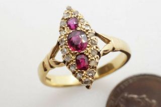 Pretty Antique English 18k Gold Ruby & Diamond Navette Ring C1900